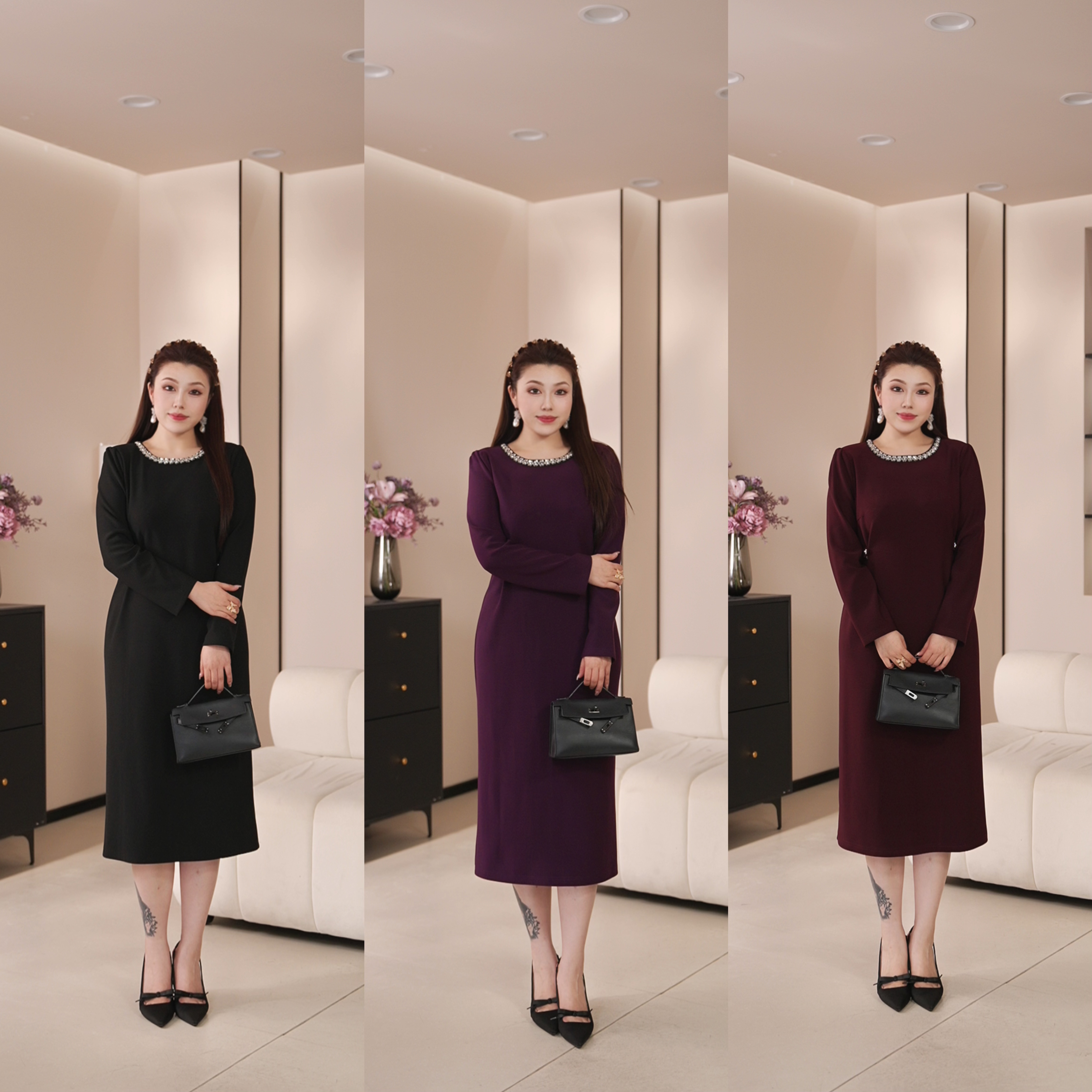 XYD71786/XYD71794圆领串珠贵气修身精致加绒显瘦大码女装连衣裙