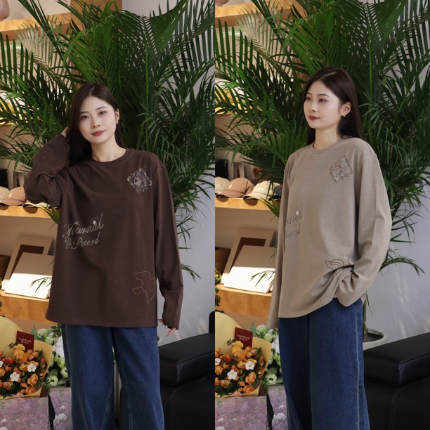 JR上衣｜『HQQ专属』双色复古宽松字母印花加绒长袖T恤190876