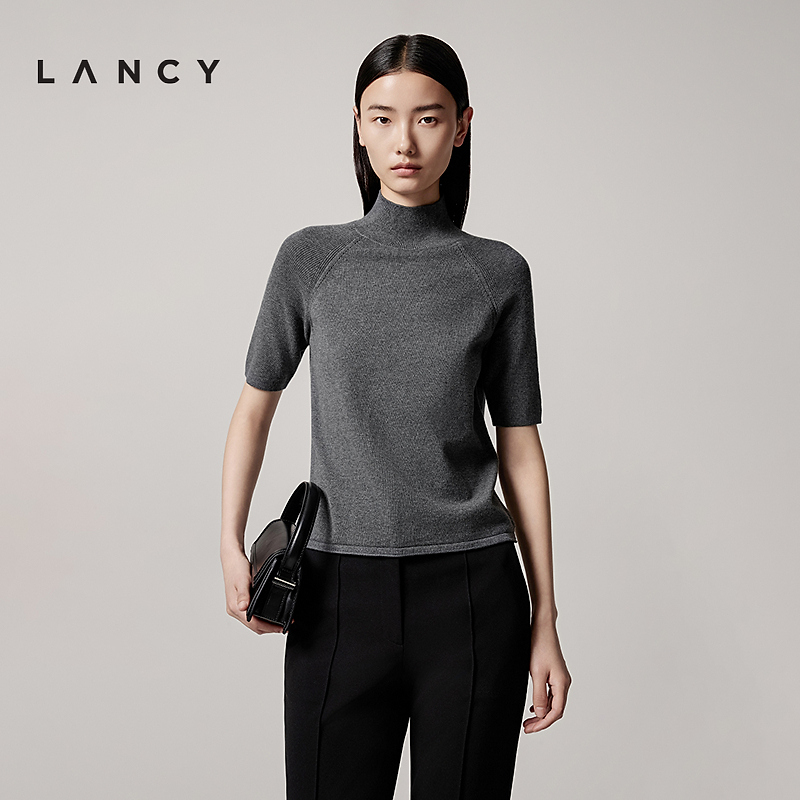 LANCY/朗姿2025年秋新款高级丝棉半高领短袖针织衫女气质多色上衣