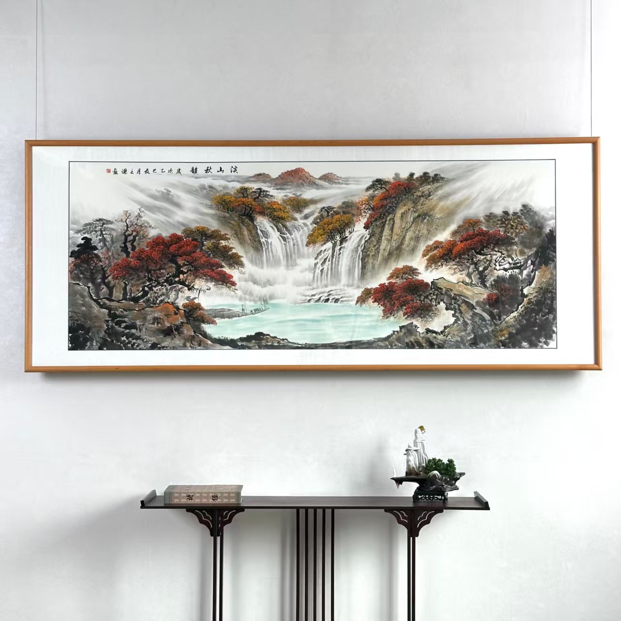 聚宝盆山水画铜雕新中式客厅书房茶室背景装饰画210cmx85cm