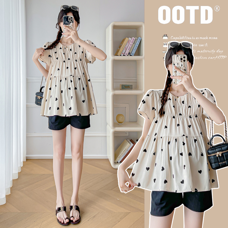 孕妇套装新款孕妇夏宽松显瘦爱心时尚百搭甜美减龄潮妈孕妇上衣