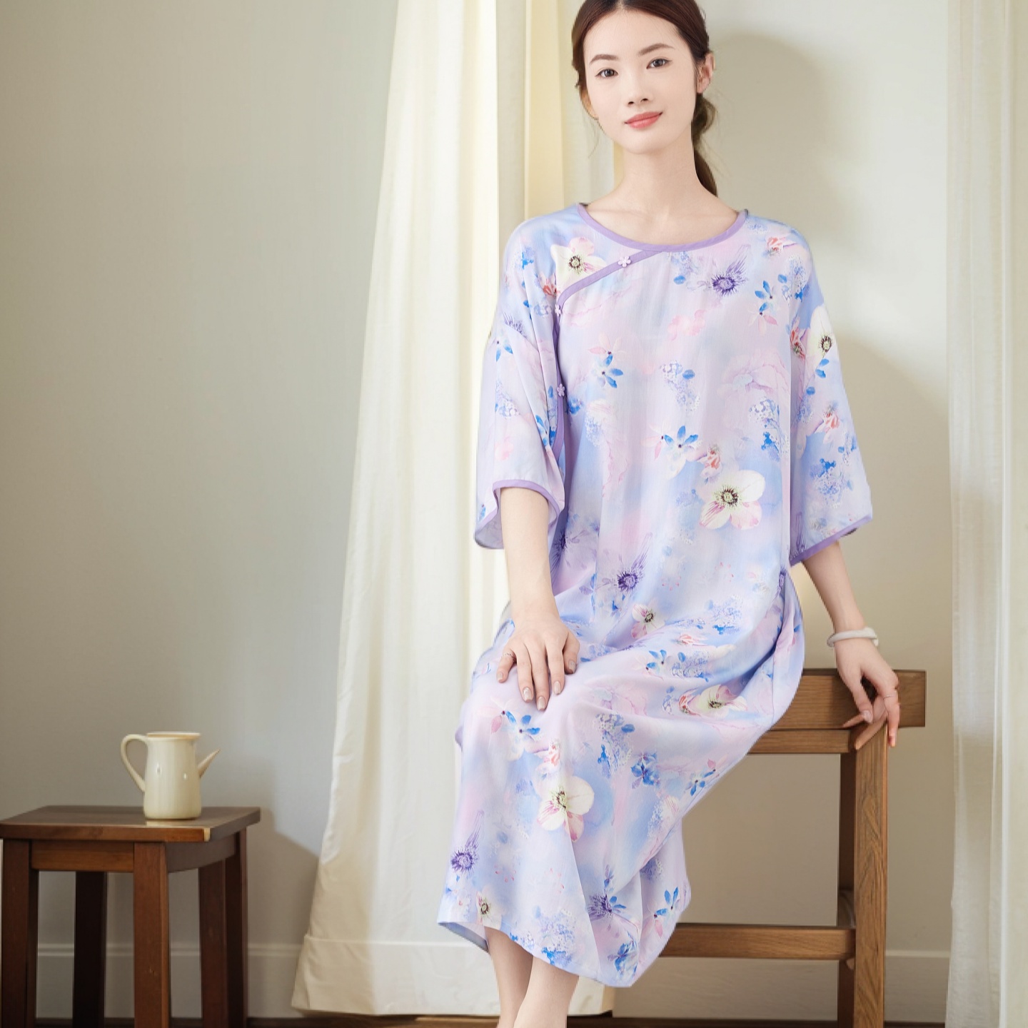 紫罗兰高支棉绸宽松大版女睡裙轻薄透气胖mm大码家居服棉绸睡衣