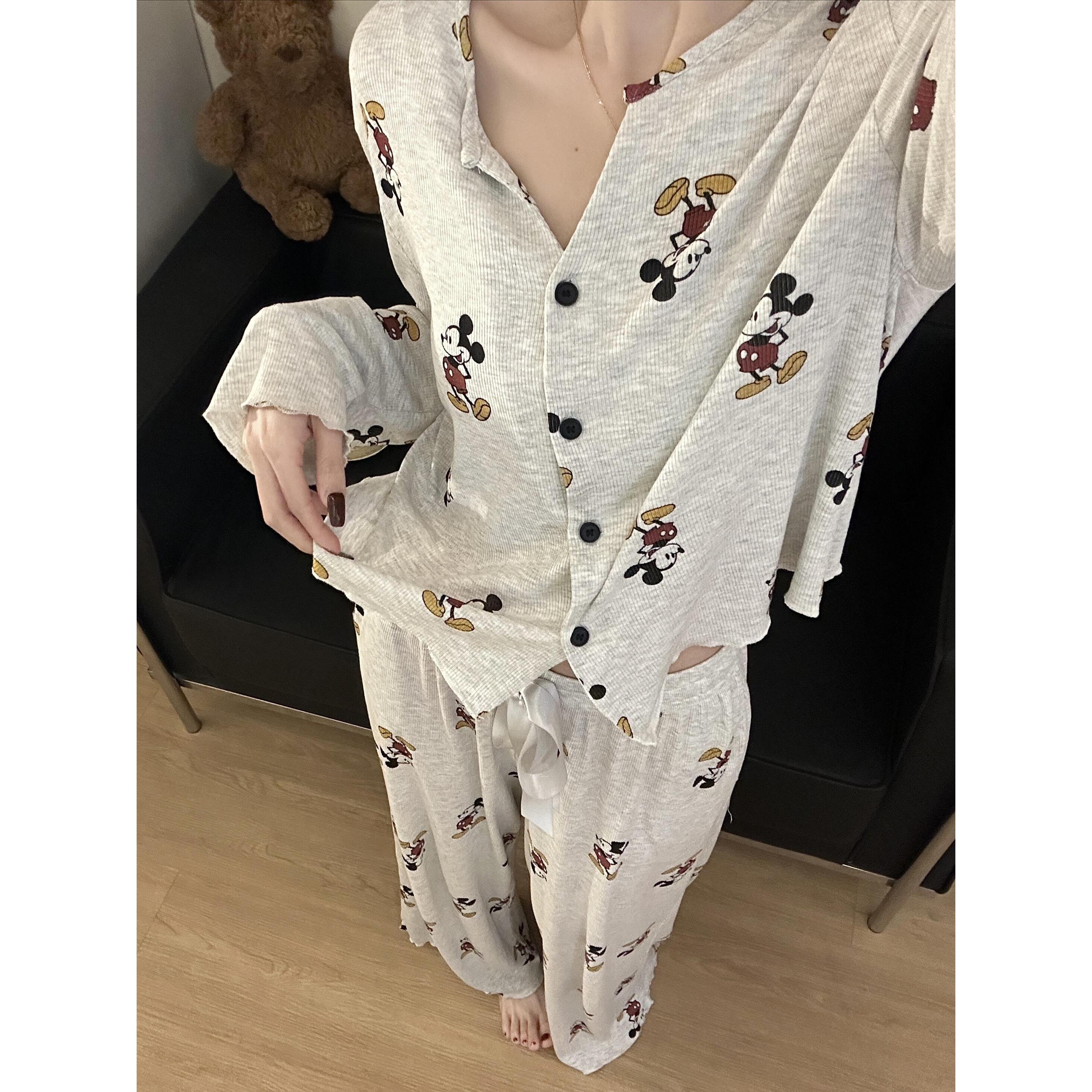 趣味米奇韩版卡通印花长袖睡衣女春秋新款2025爆款休闲家居服套装