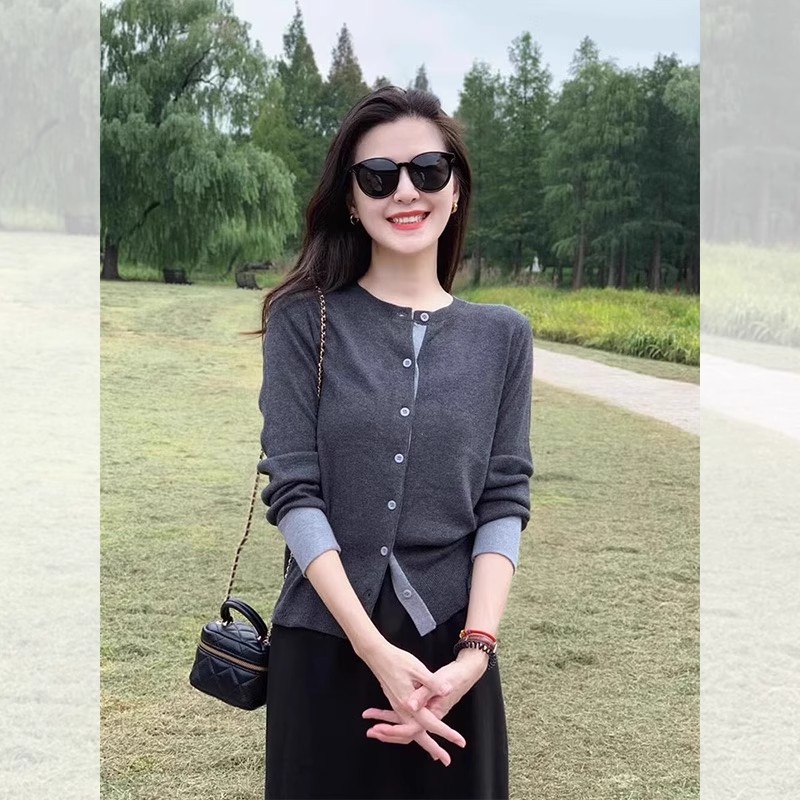 时尚拼色长袖女慵懒风毛针织开衫气质百搭高质感穿搭不挑人上衣女