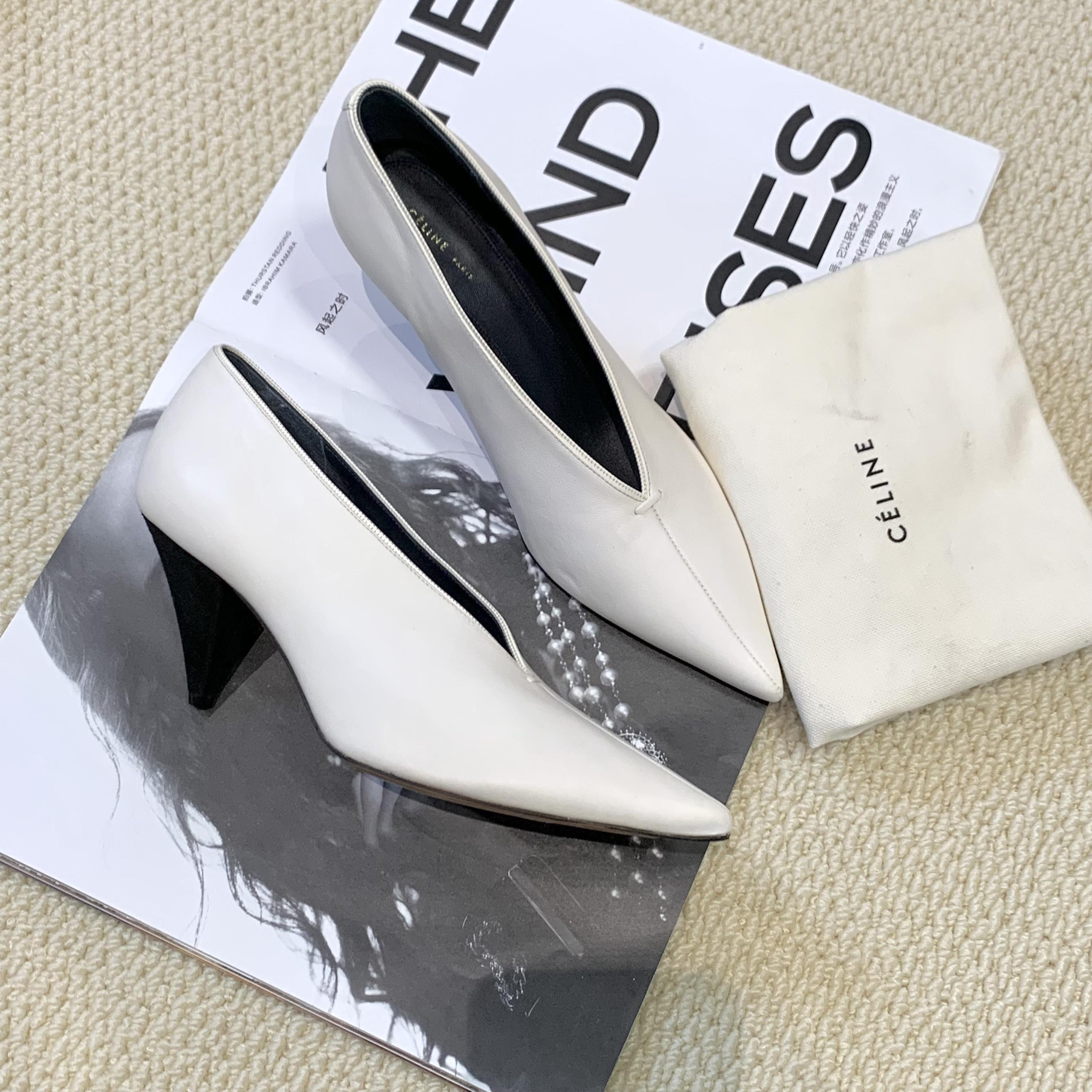 99新 Celine/思琳 壹臻/ 白色尖头高跟鞋 38 25580377