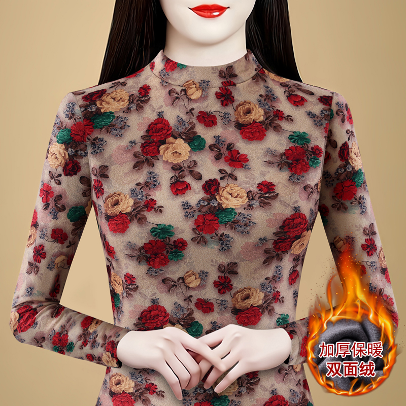 2025秋冬新款长袖半高领双面保暖羊绒3D立体印花修身气质小衫