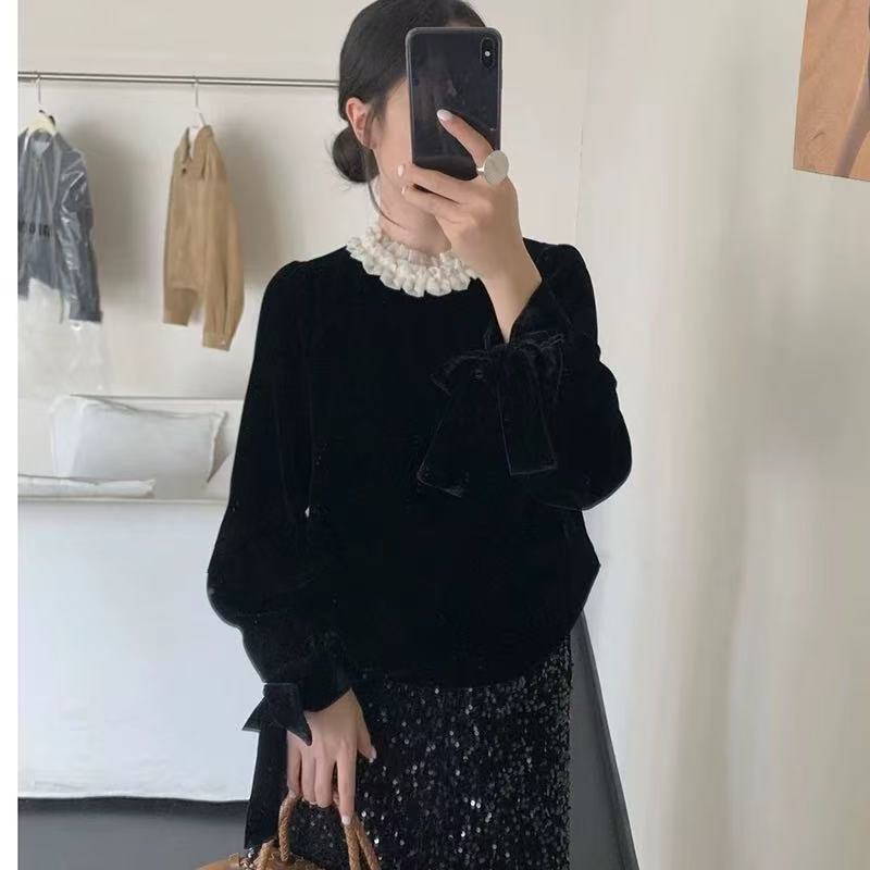 秋冬丝绒木耳花边领圆领长袖复古法式时尚洋气女衫大码女3
