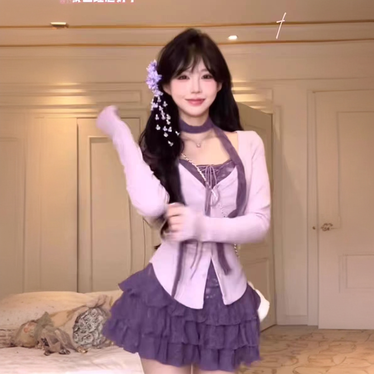 【小屁】大码胖mm套装女春季设计感炸街假两件上衣半身裙两件套