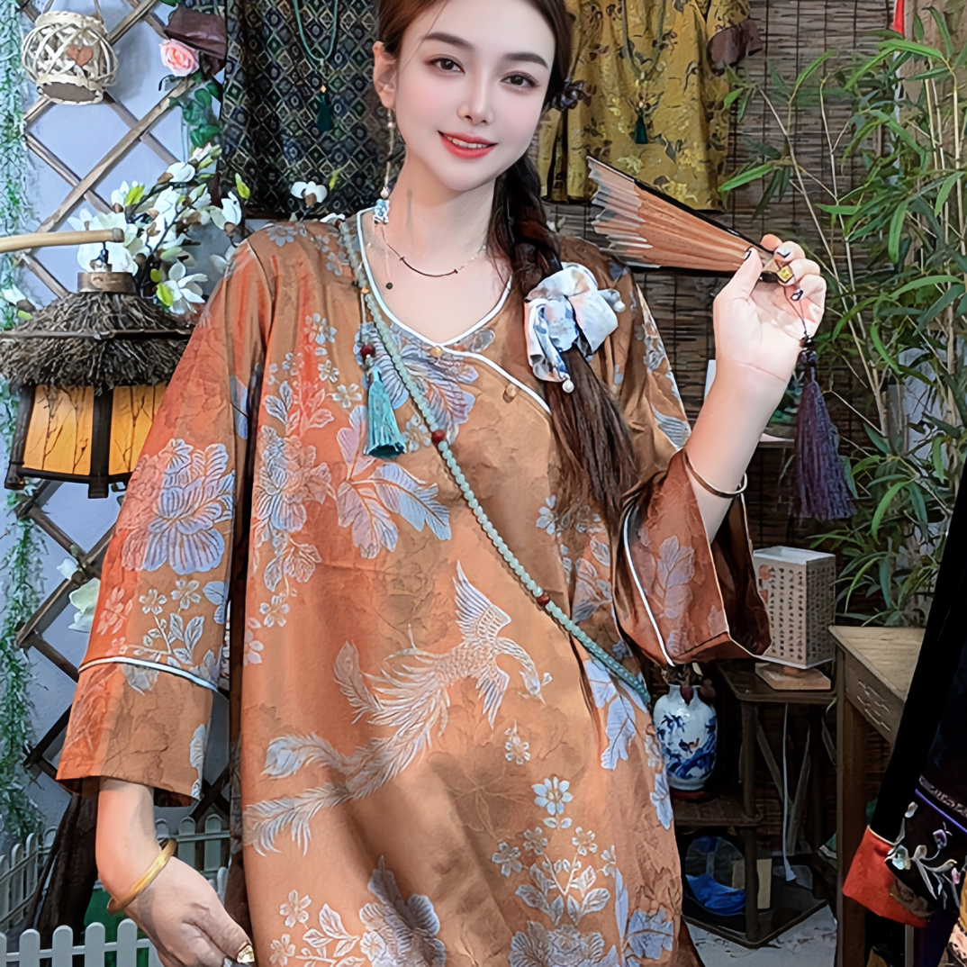 新款玫粉咖两色提花缎面国风大衫宽松显瘦复古百搭显瘦666
