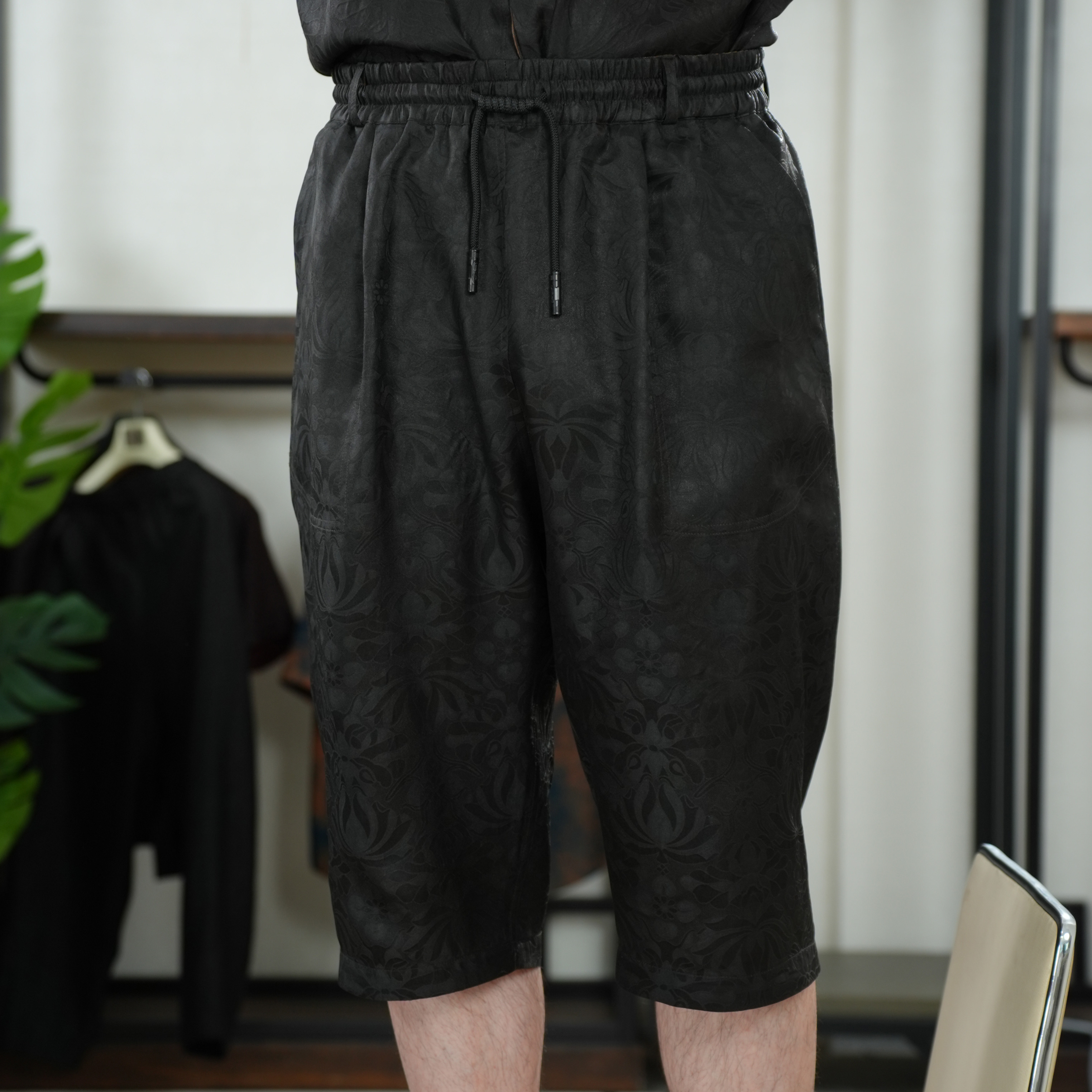 香云纱100%桑蚕丝全孔罗佛手莲花夏季宽松休闲七分裤百搭