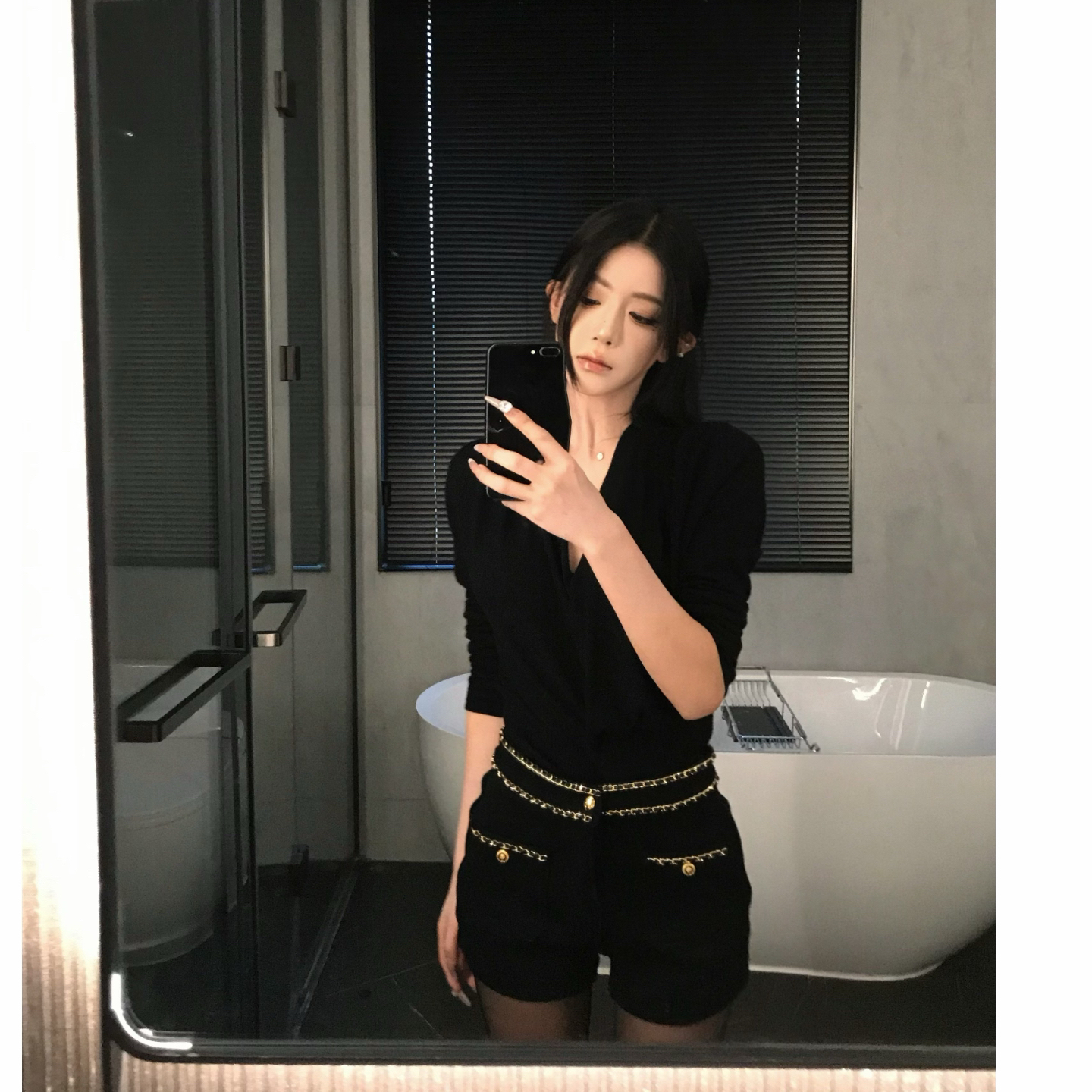 pz【贵气短裤】小香！重工链条加绒短裤设计感高腰弹力牛仔裤女