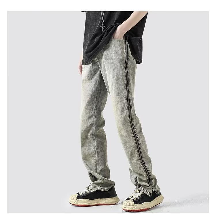 119高街弹力牛仔裤男女拼接拉链修身直筒百搭拖地长裤子