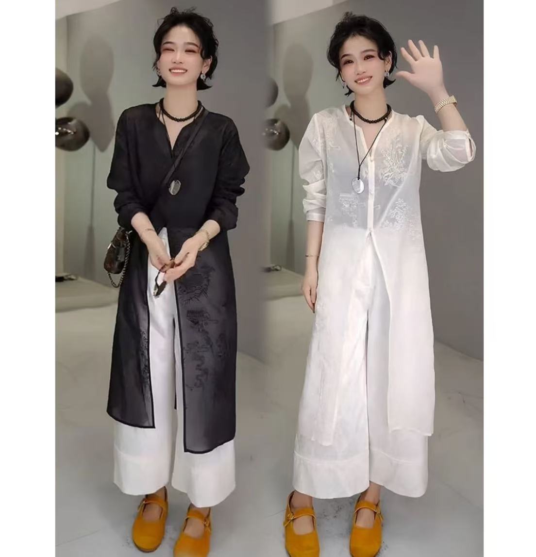V领春夏提花防晒通勤中长款衬衫休闲复古外套上衣
