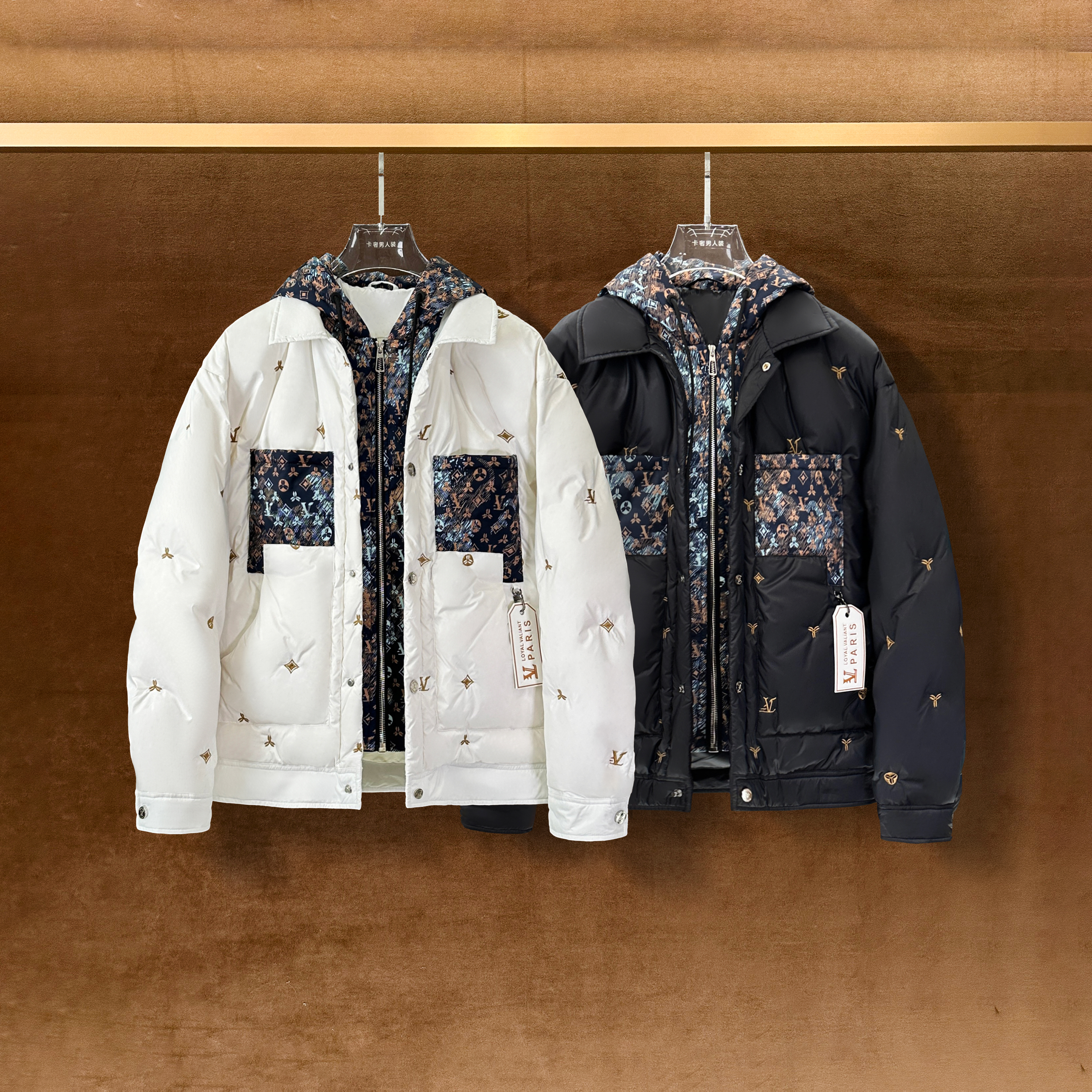 CB-2426-冬季新款时尚百搭简约连帽老花加厚外套