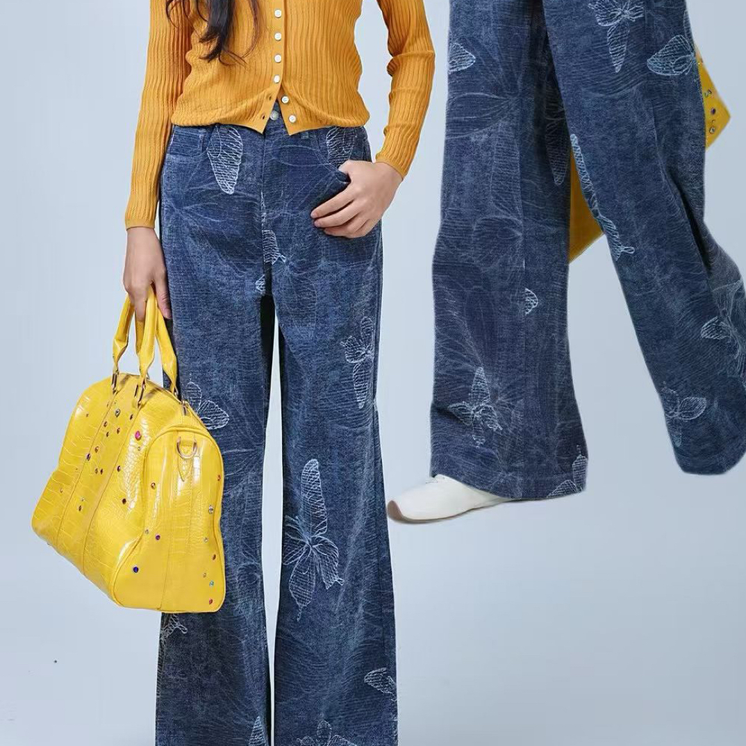 玛丝恩迪春季新款蓝色高腰百搭微弹牛仔阔腿裤