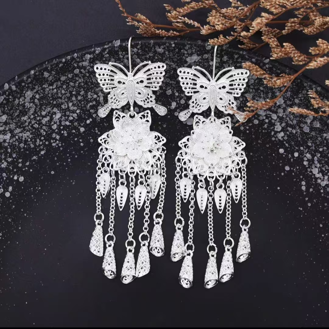 合金耳饰 民族风蝴蝶花朵耳环新中式复古长款流苏耳坠女苗族彝族