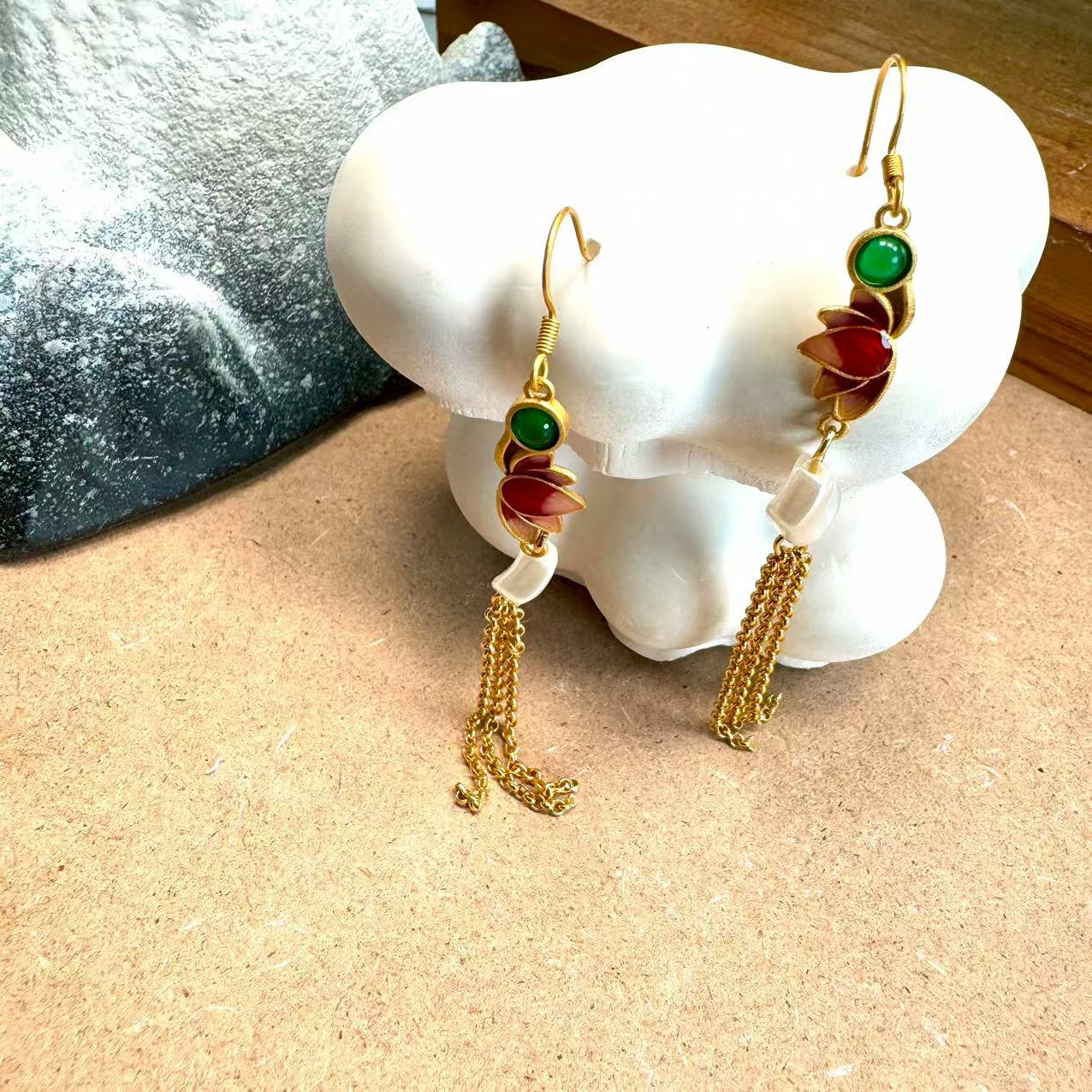 铜合金珐琅耳饰 珐琅耳饰 (G)【珐琅莲花】流苏耳坠AE881