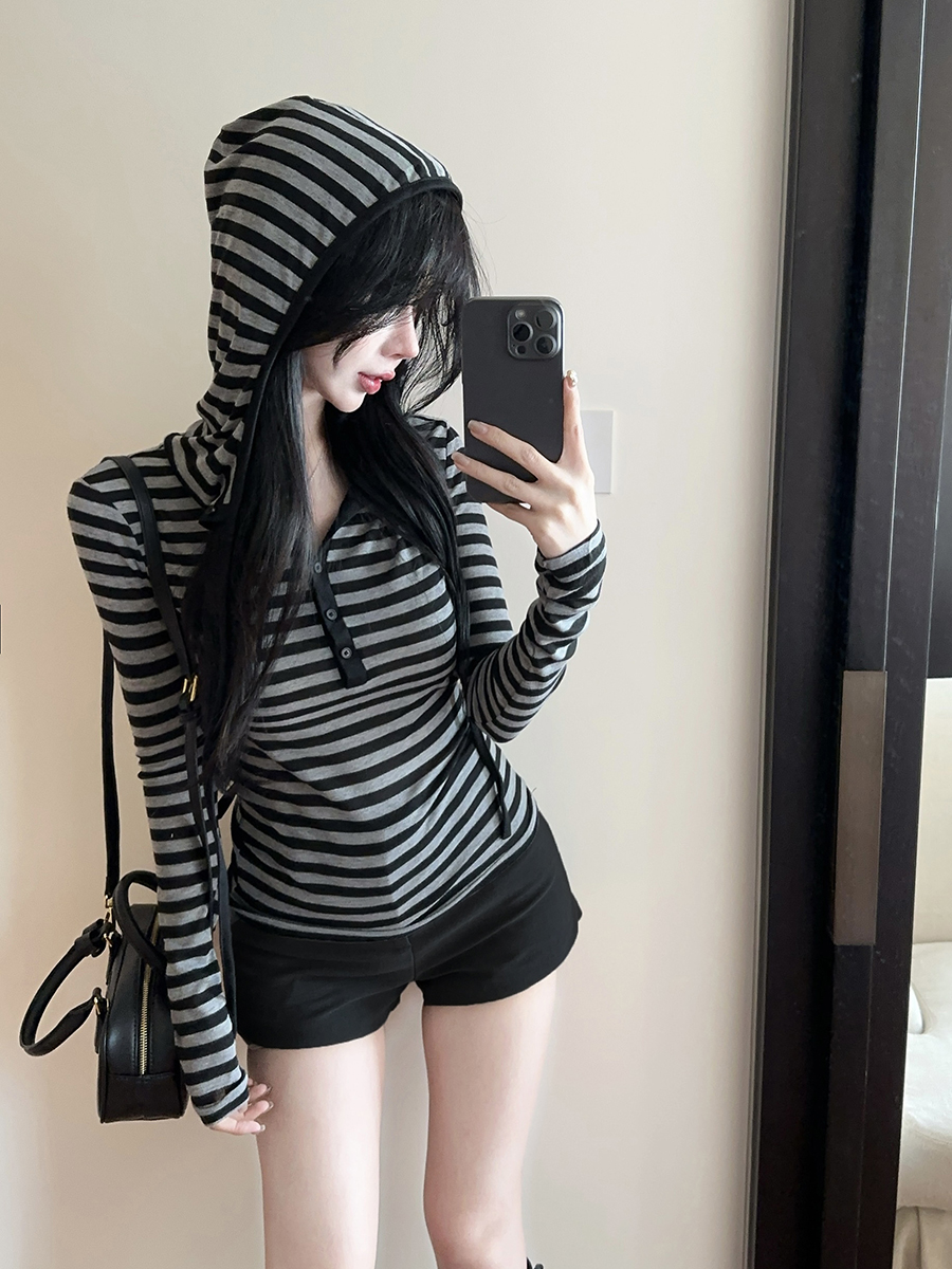 撞色条纹连帽长袖T恤女秋季2025新款慵懒风简约时尚百搭显瘦上衣