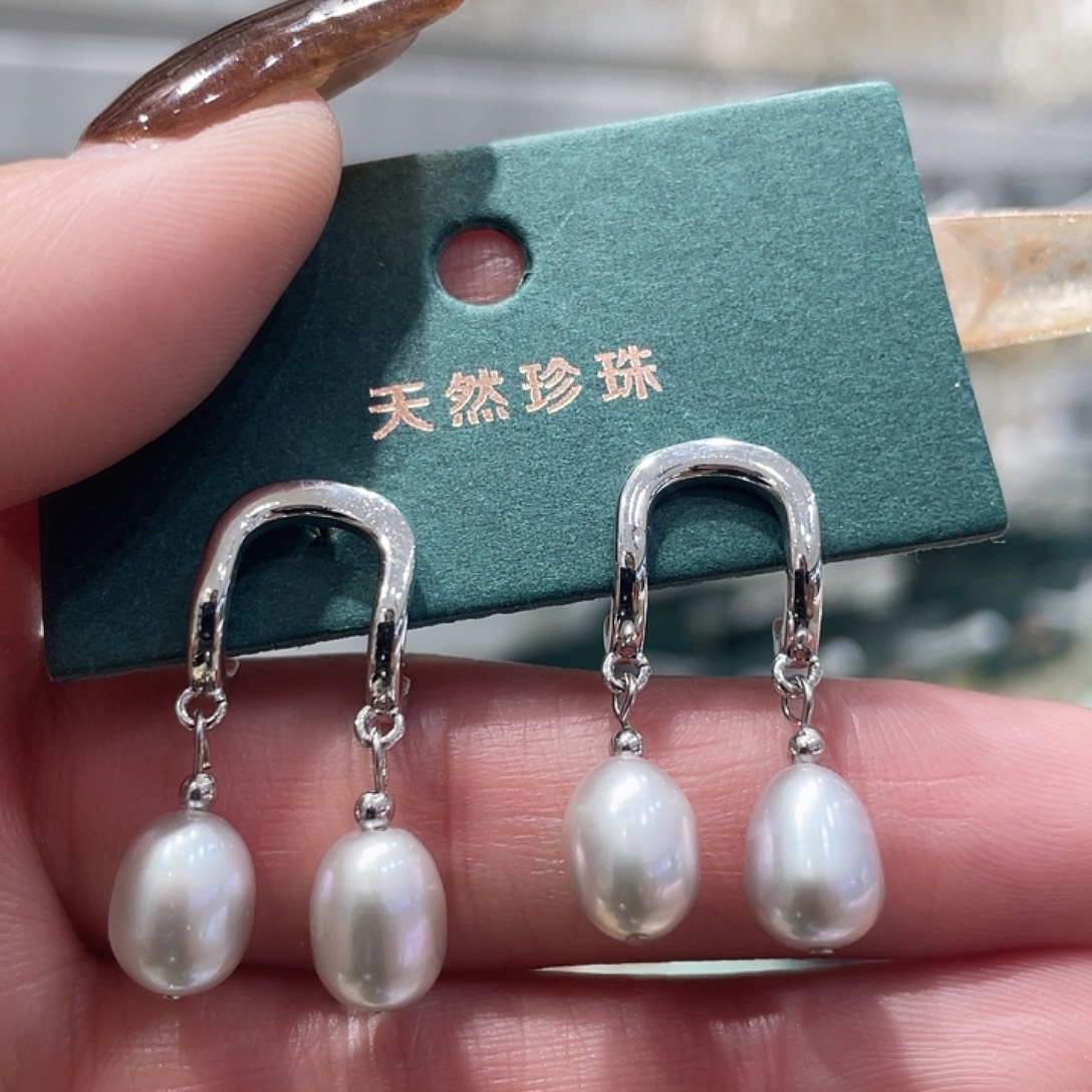耳饰银S925镶嵌淡水珍珠