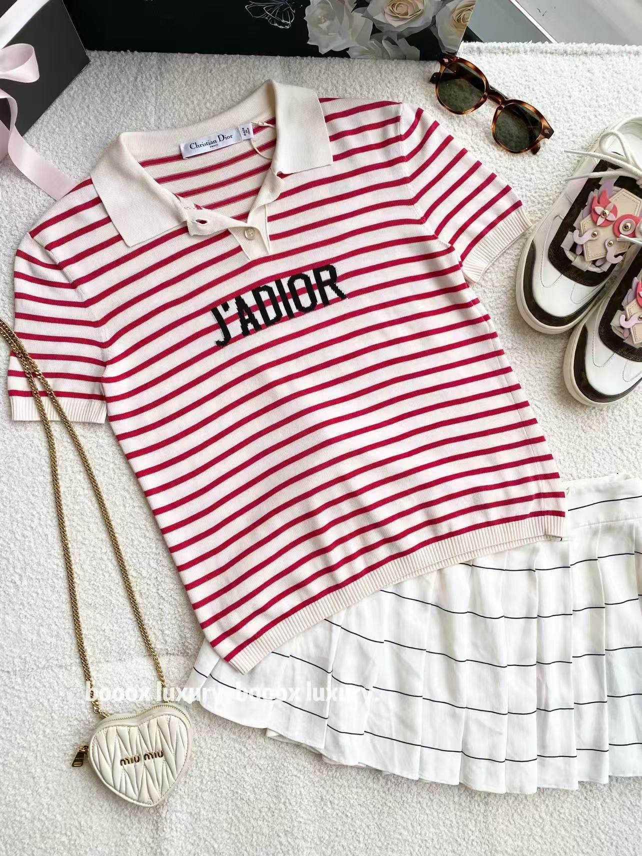 95新 DIOR/迪奥 RC0122 桑蚕丝/棉 红白条纹标语短袖针织衫 34码