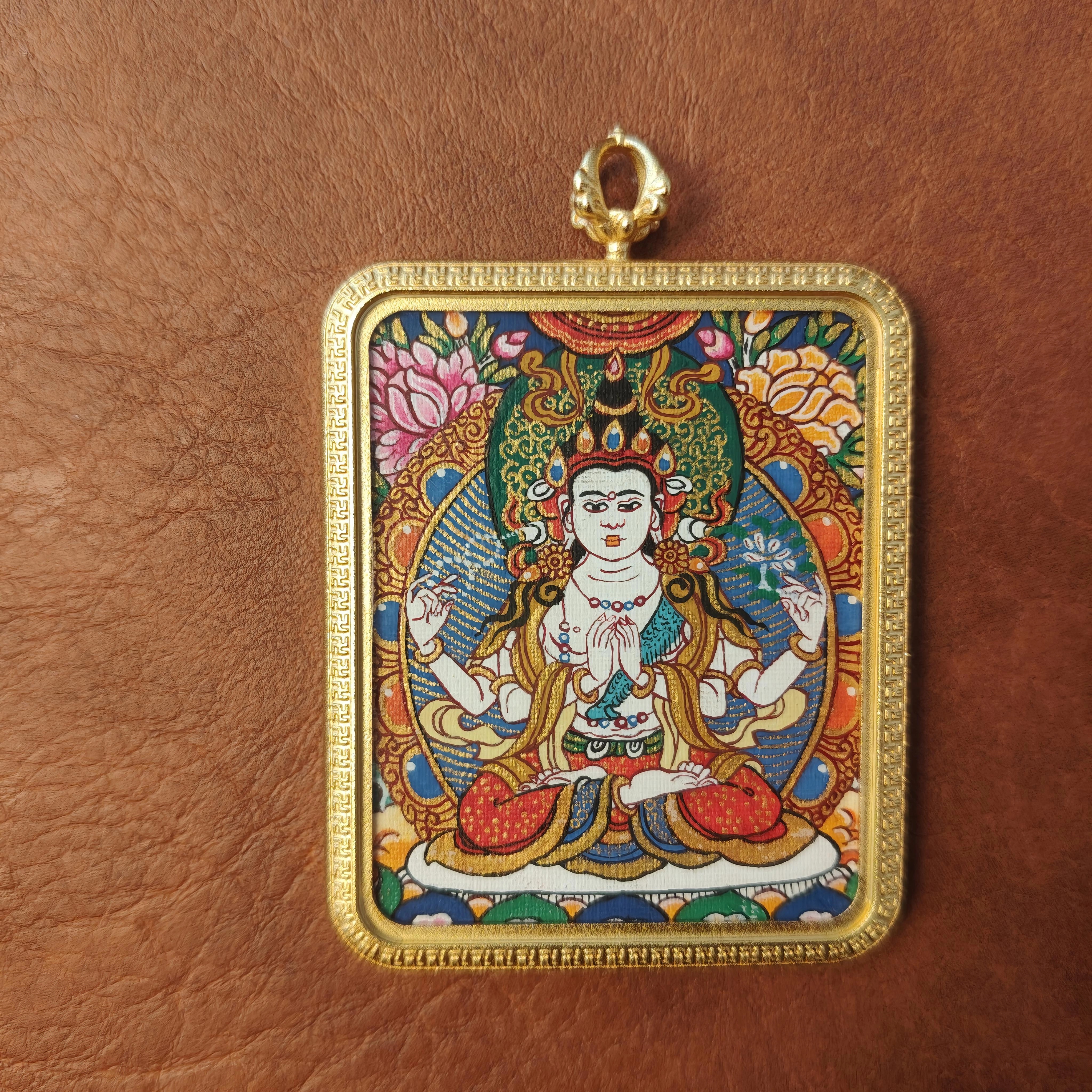 纯手绘四臂观音唐卡吊坠40*50mm