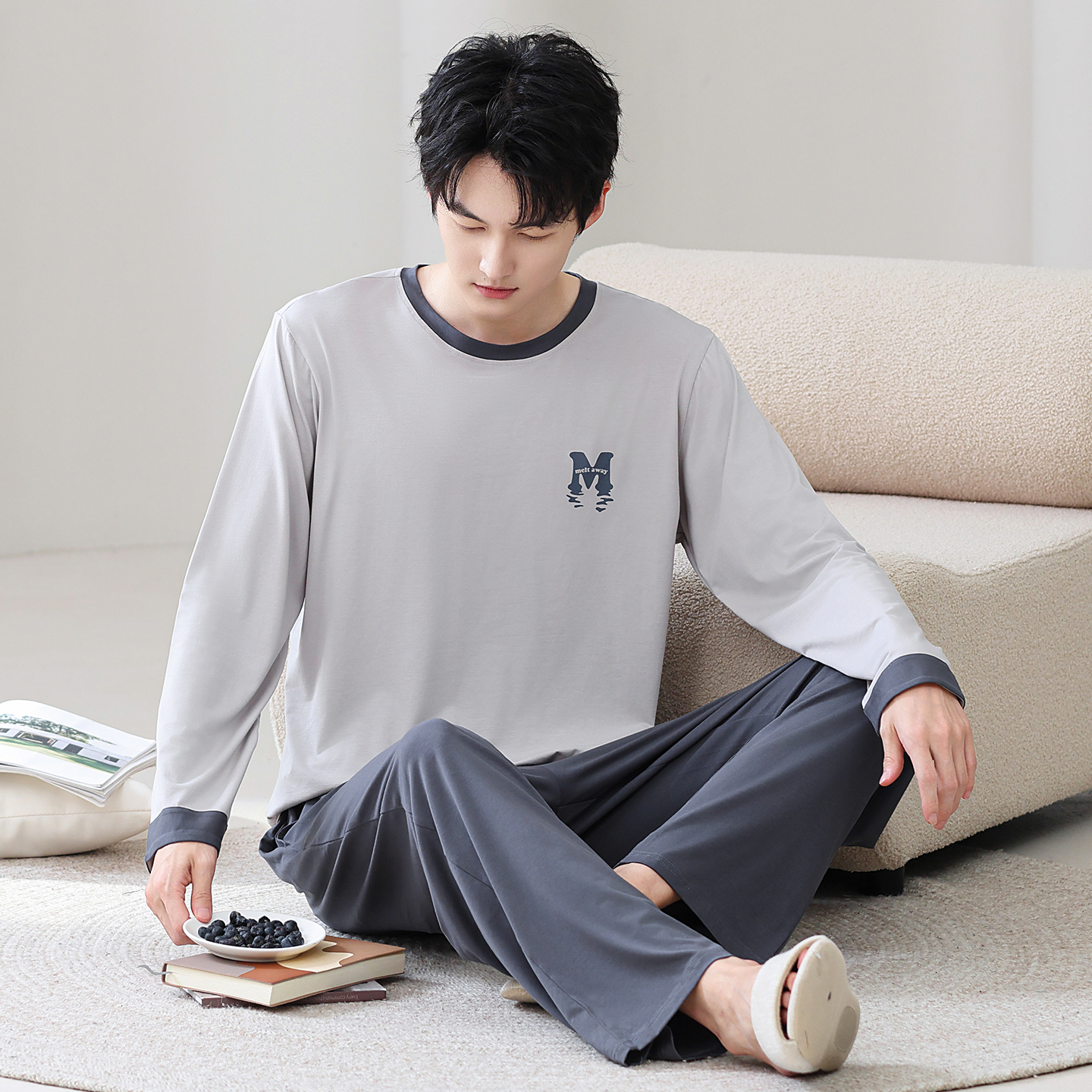 【多款可选】莫代尔大码青年男士家居服秋冬新款休闲圆领睡衣男套装