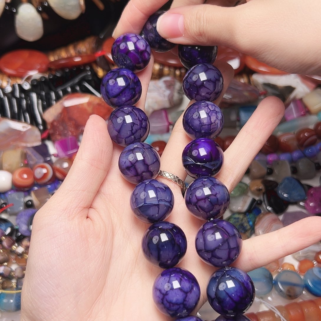 玛瑙/玉髓合金珠宝半成品u433 黑加仑龙鳞纹玛瑙圆珠19mm一条