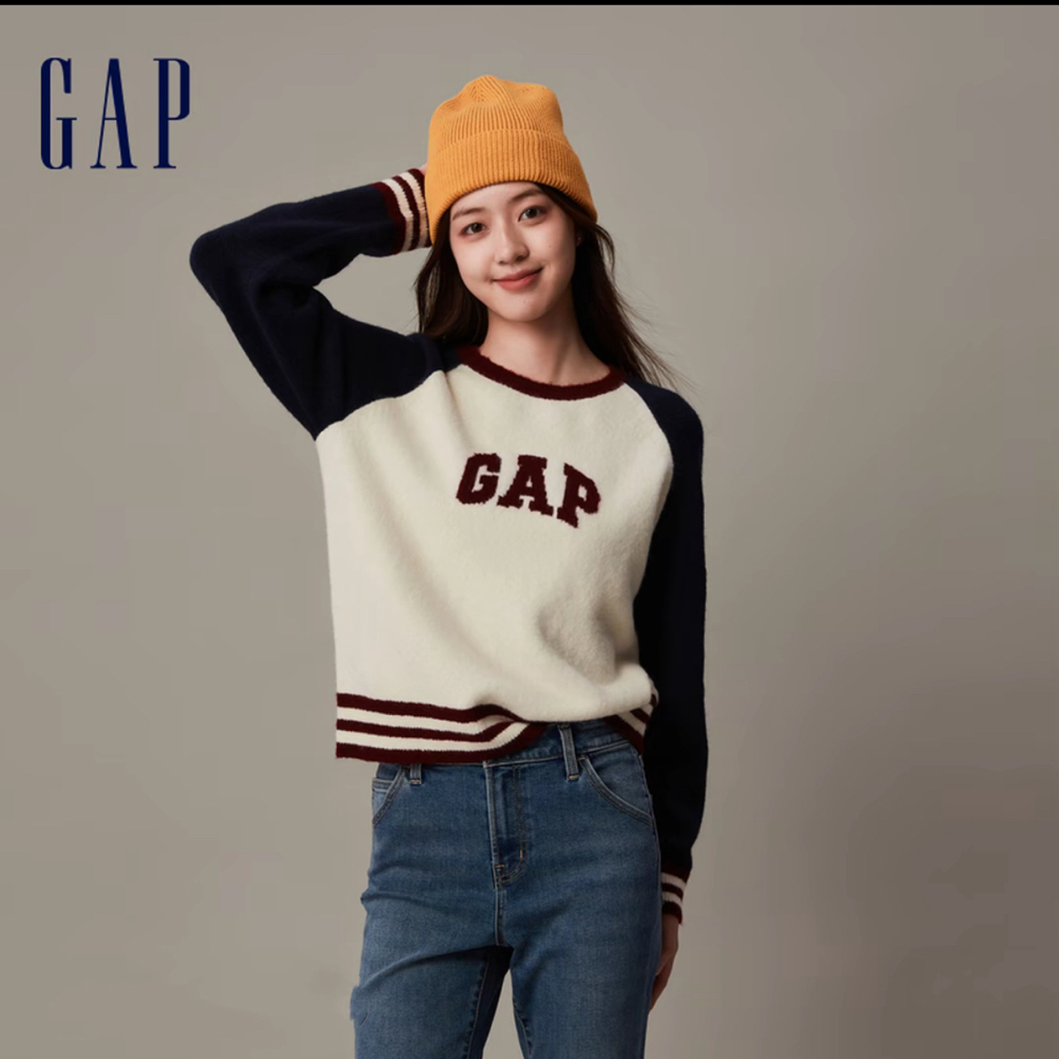 【成毅代言】Gap女装2025LOGO撞色插肩袖针织衫宽松休闲毛衣793651