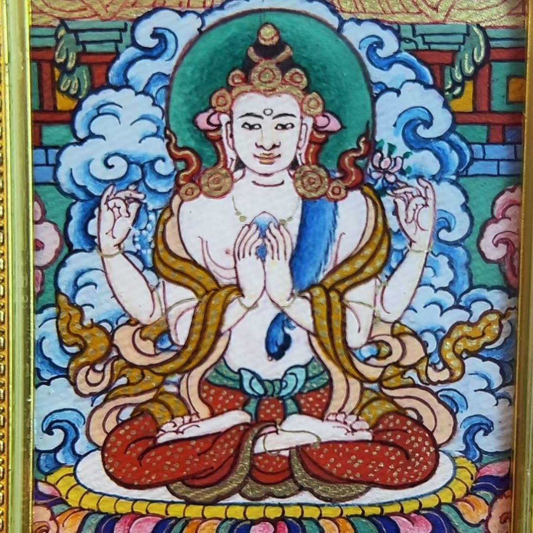 藏区青海热贡纯手绘四臂观观手工绘制宝石级染料