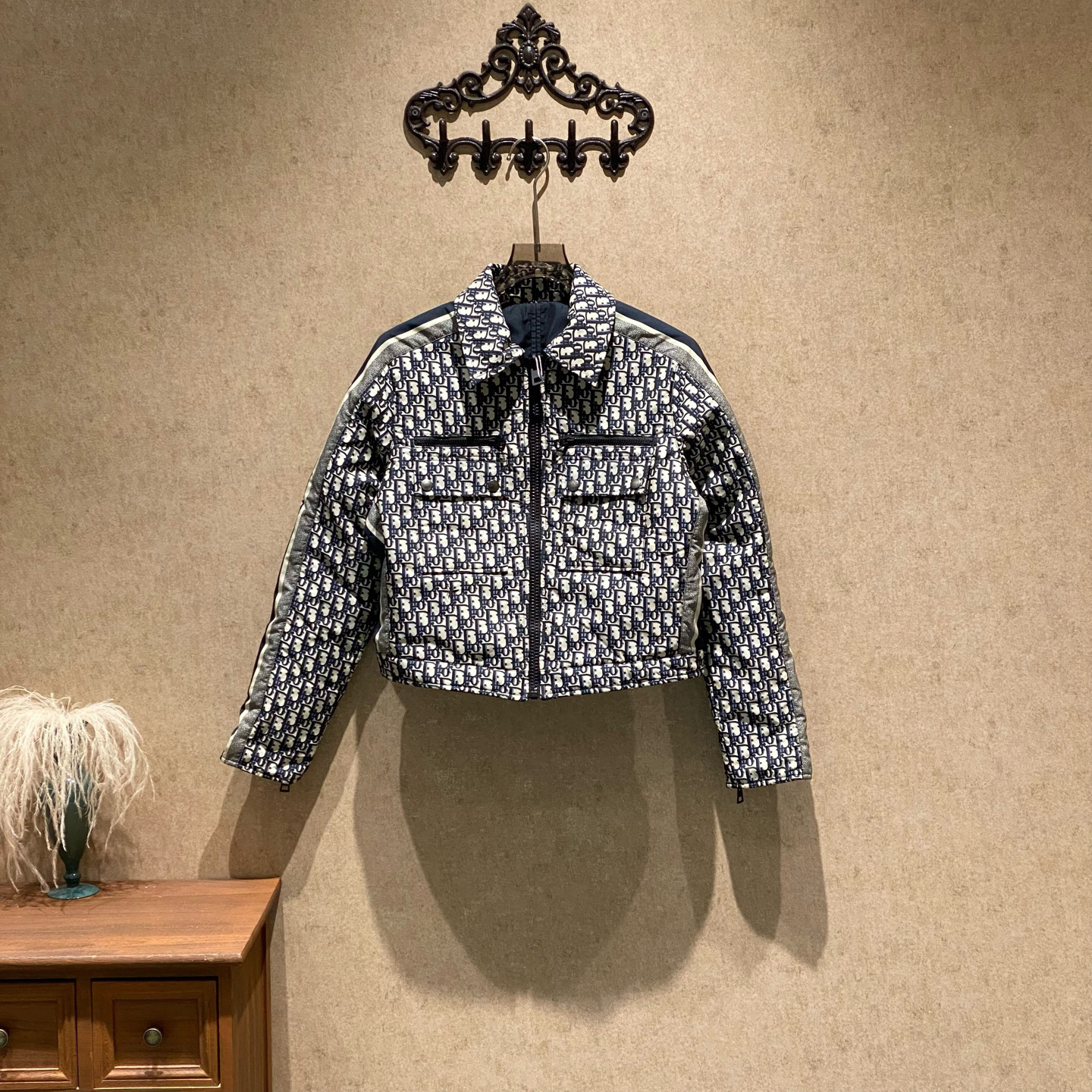 未使用 DIOR/迪奥 蓝色老花满印标语logo棉服外套/40码/41102