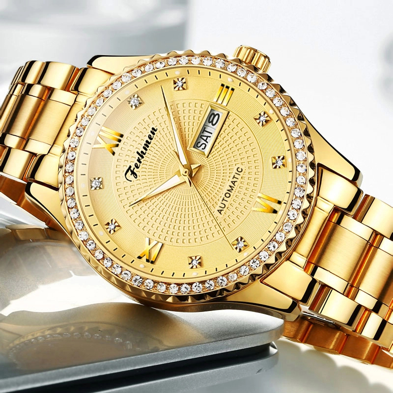 金骑士双日历商务真钻含金手表防水男士机械表F8600-BX