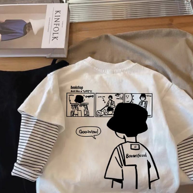 儿童T恤秋季男童长袖上衣中大童秋装漫画宽松圆领打底衫