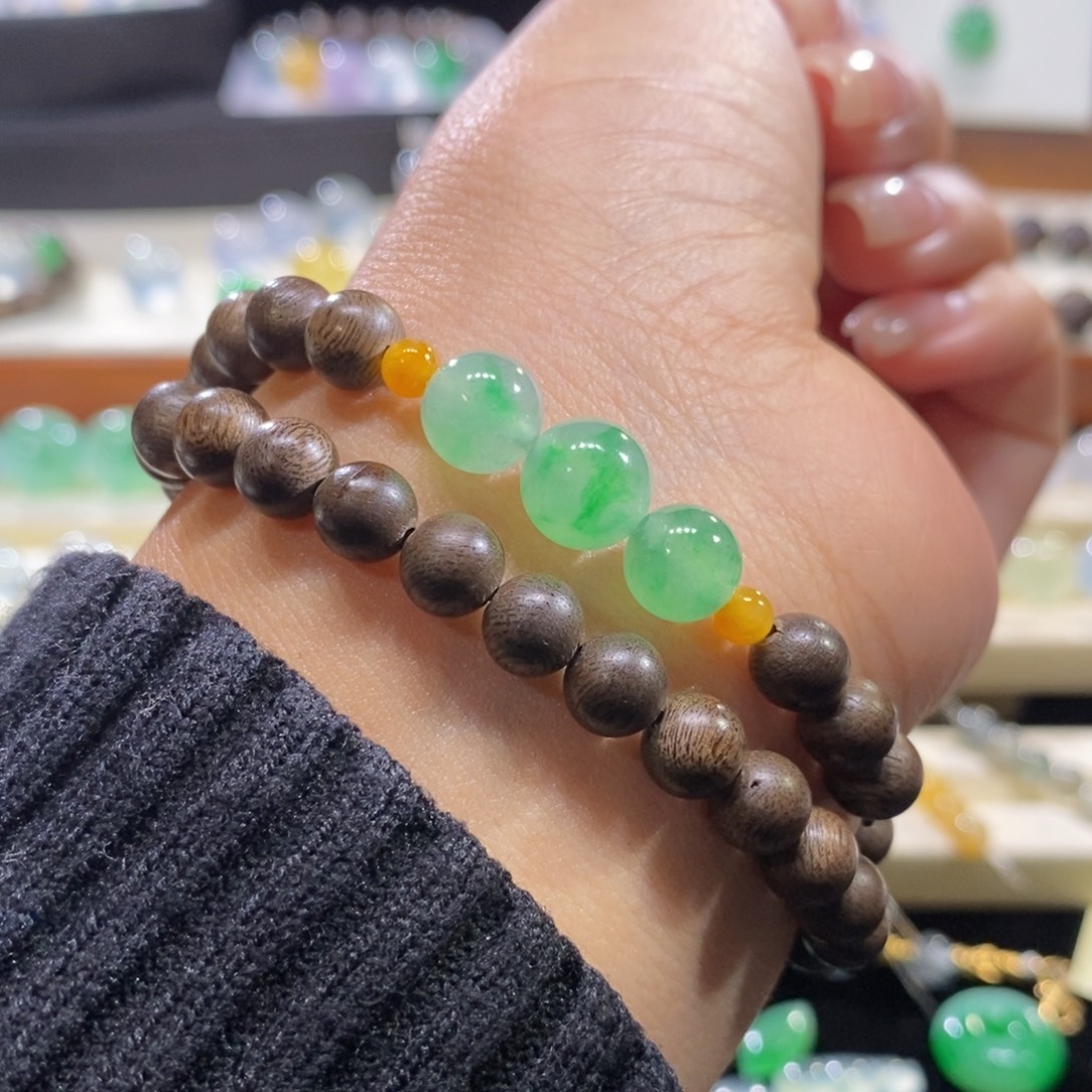 翡翠未镶嵌手串冰绿双圈手串