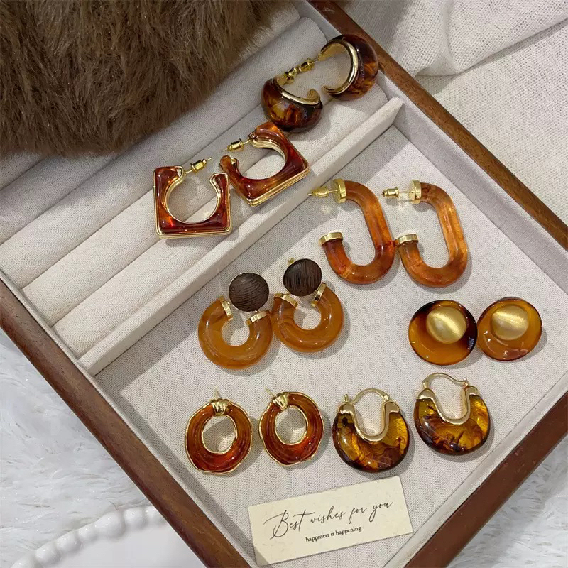 铜合金树脂耳饰 欧美风复古宫廷耳饰小众气质网红简约轻奢高级