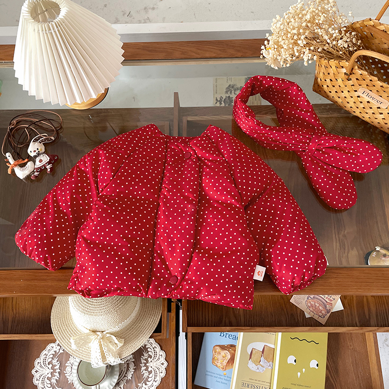 【现货】DW259796冬季新款儿童羽绒服90白鸭绒女童外套红色波点冬装