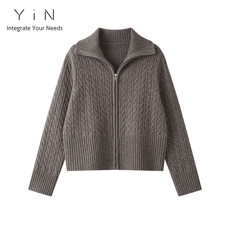 【自播】YIN绵羊毛牦牛绒混纺短款拉链翻领绞花开衫24229-1