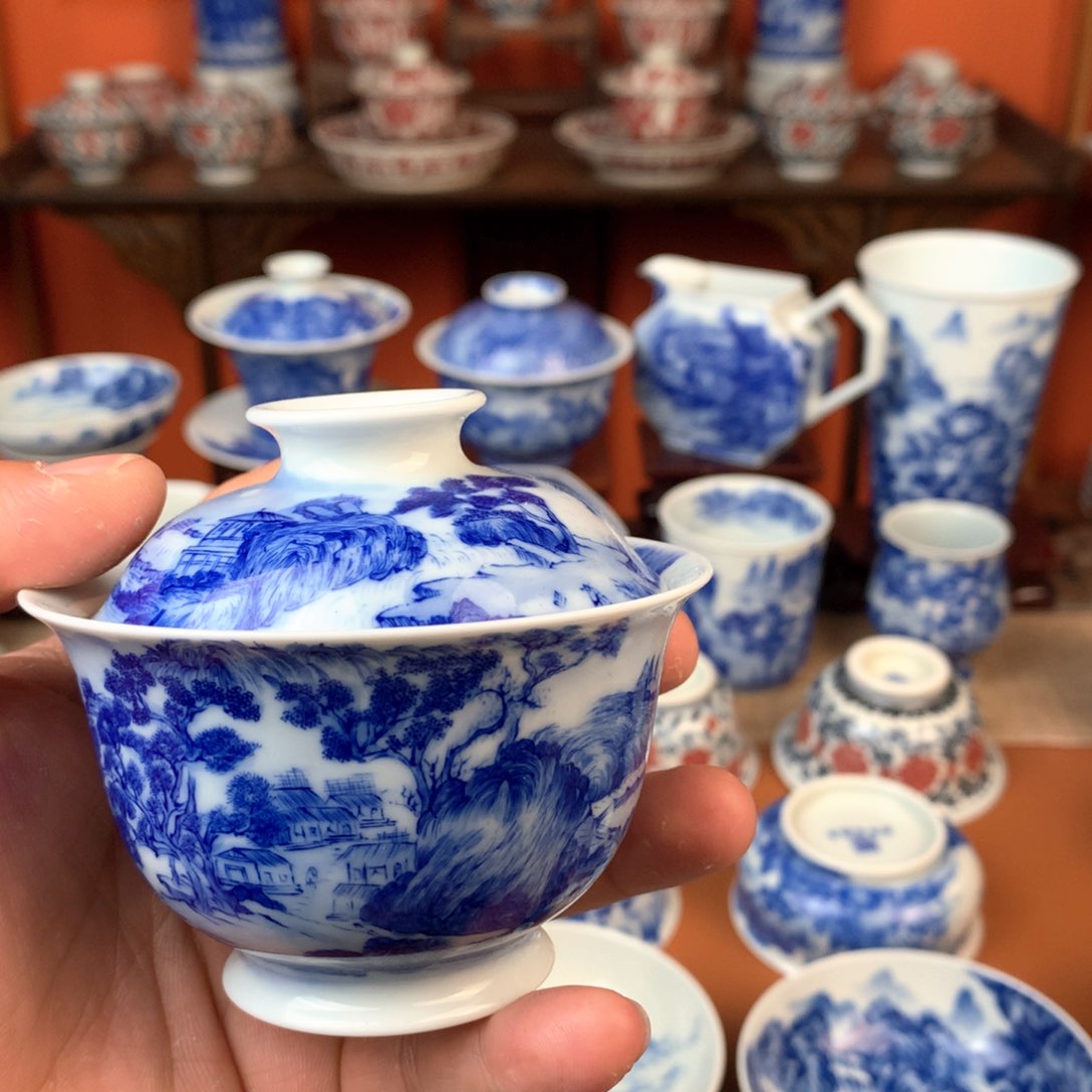 诗****2山水盖碗手工手绘