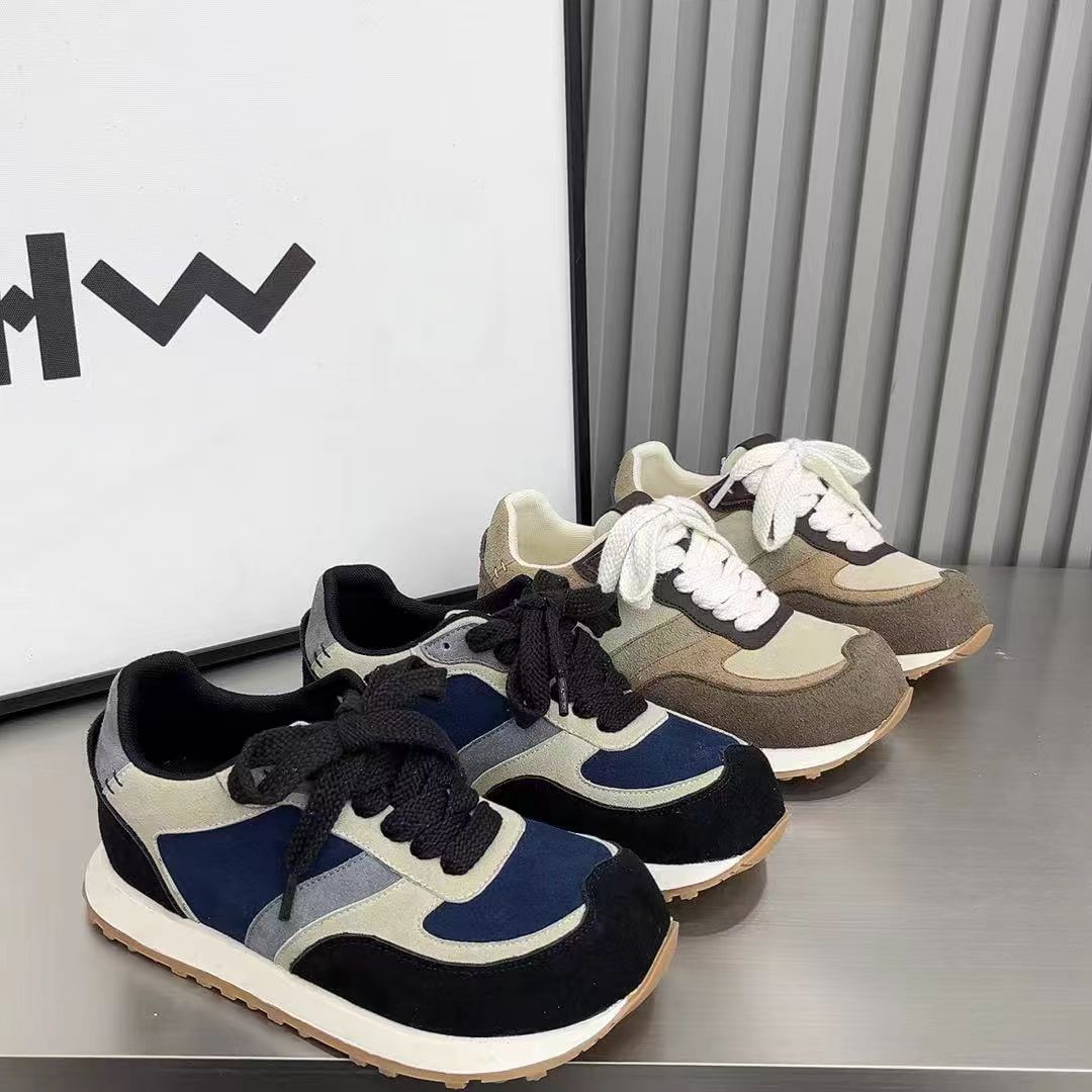 丑萌2025早春新款拼色真皮阿甘鞋女系带百搭华夫鞋单鞋1180-1