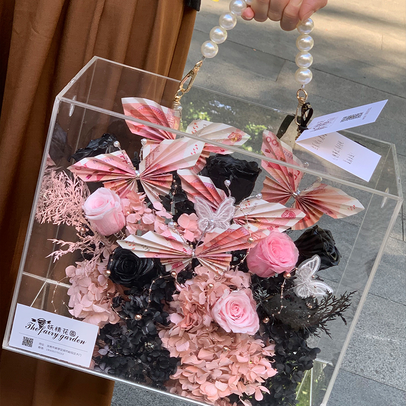 【花寻礼韵】亚克力手提花盒网红永生花有钱花束的材料花店资材用品