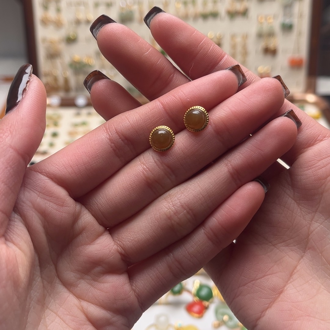 和田玉银S925镀金镶嵌耳坠