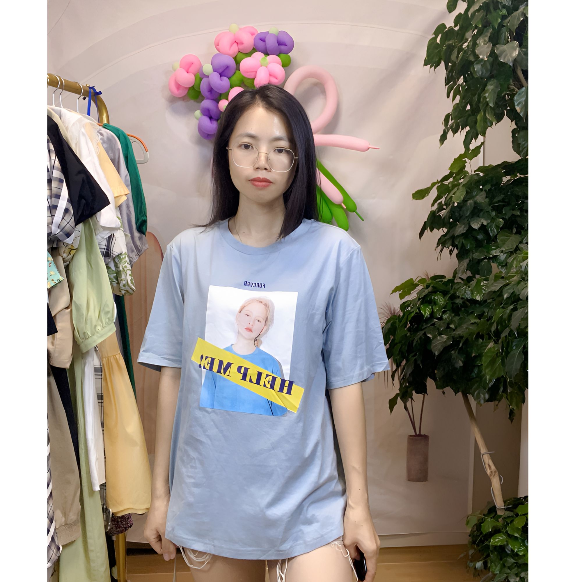 连衣裙中长裙人物不褪色舒适圆领印花百搭夏季女装宽松蓝色纯棉
