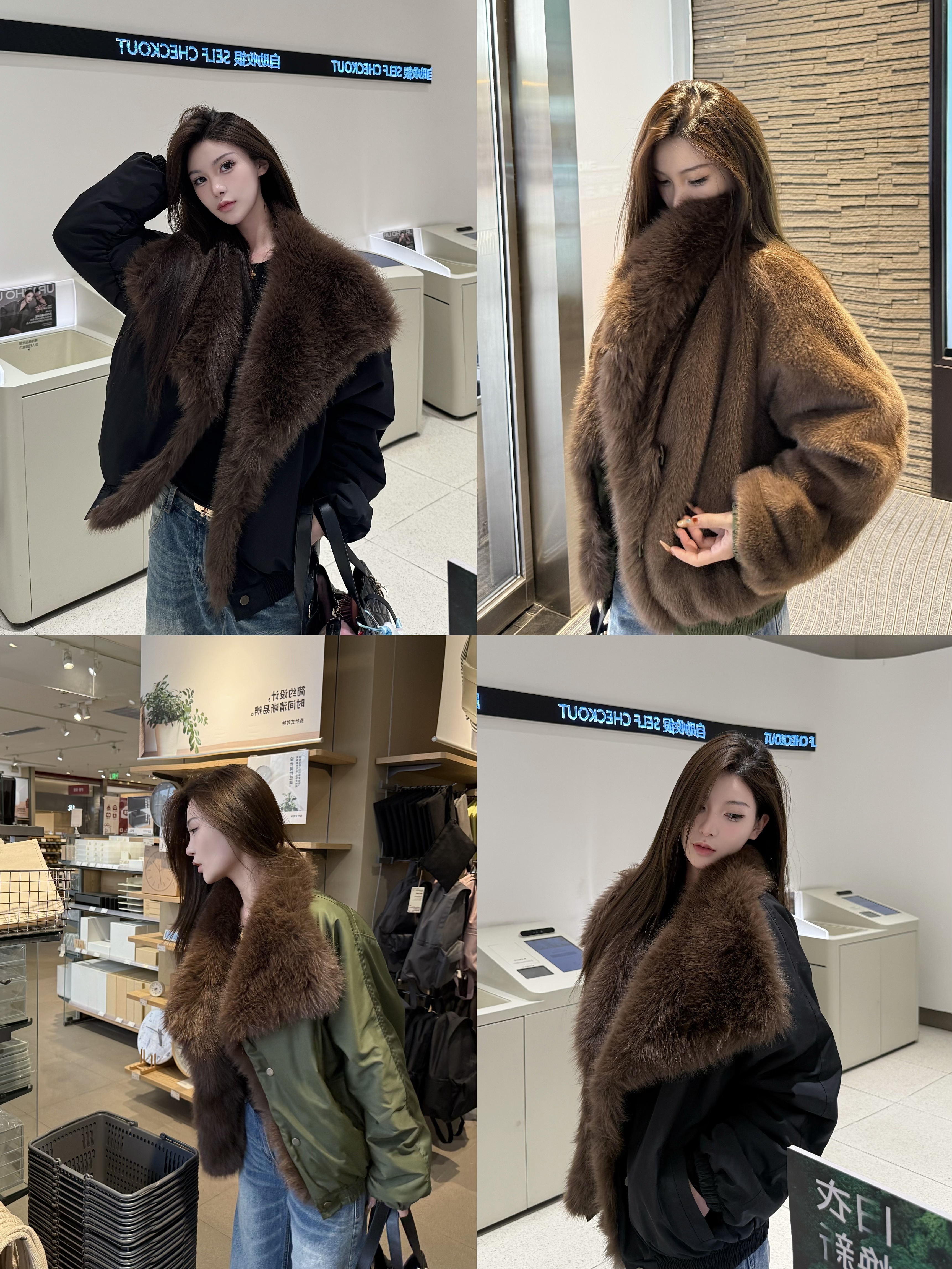 【街头暖炉】厚款简约拼接显瘦双面时尚短外套冬季长袖大毛领