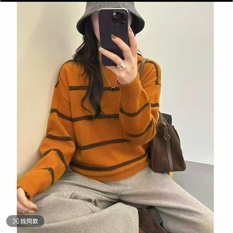 5707撞色条纹”加厚毛针织衫宽松慵懒风毛衣