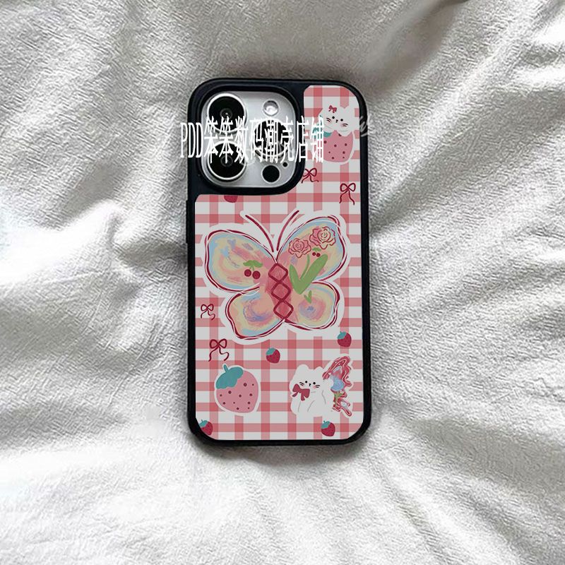 ins格子彩蝶iPhone16手机壳日韩适用苹果15pro防摔11网红12个性13