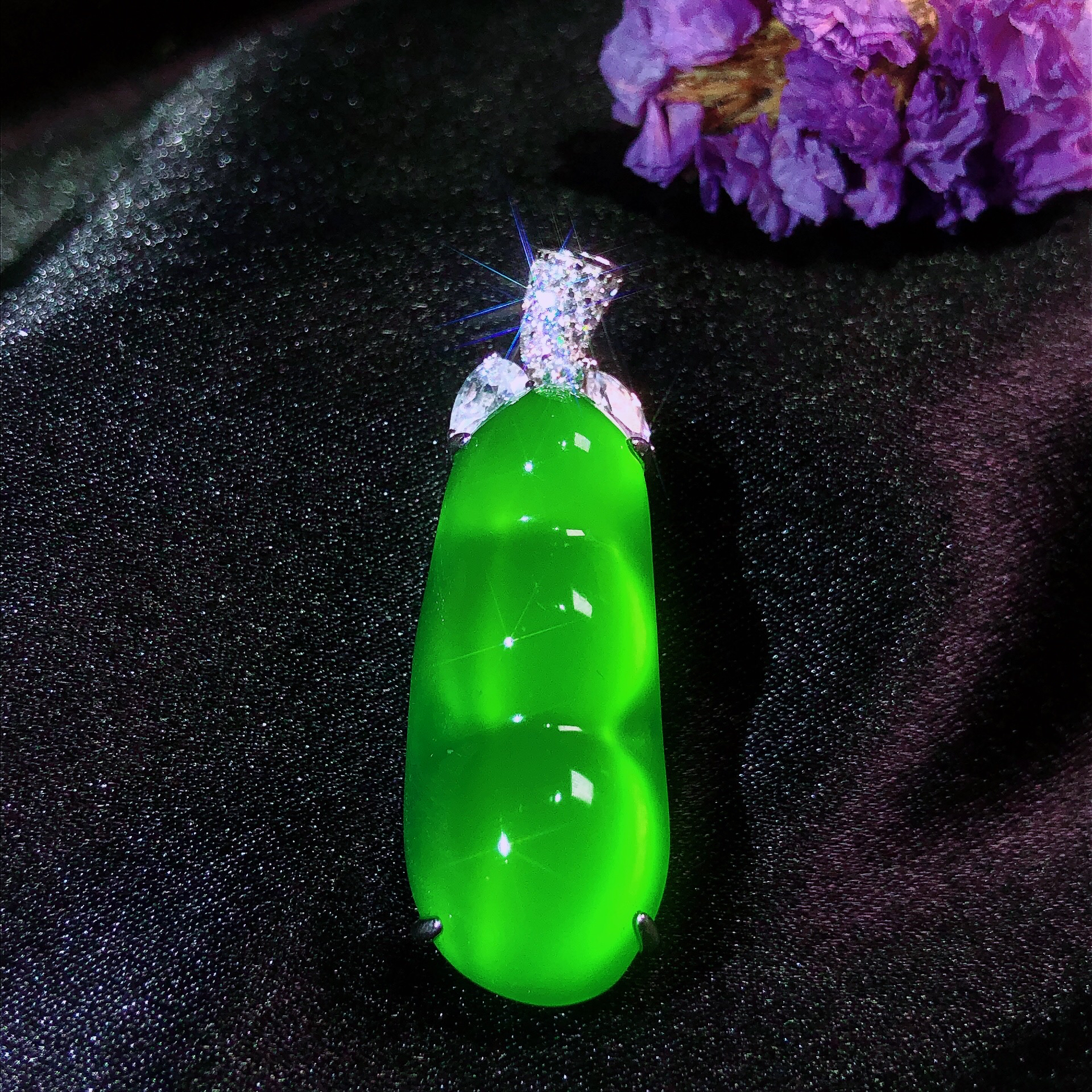 「蒂铭轩珠宝」天然绿玉髓925银镶简镶大号四季豆吊坠