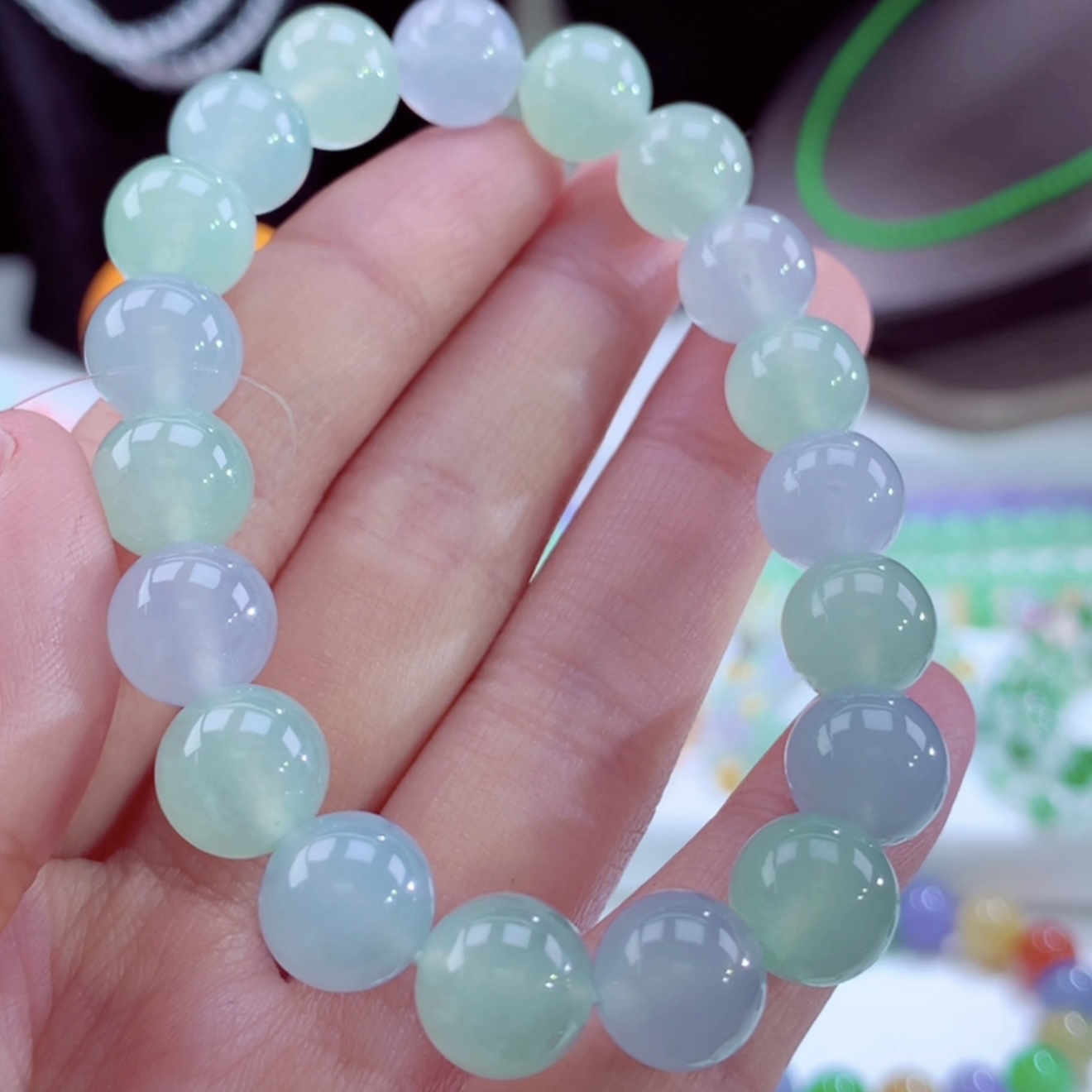 缅甸天然翡翠A货冰种马克龙多宝手串卡10mm