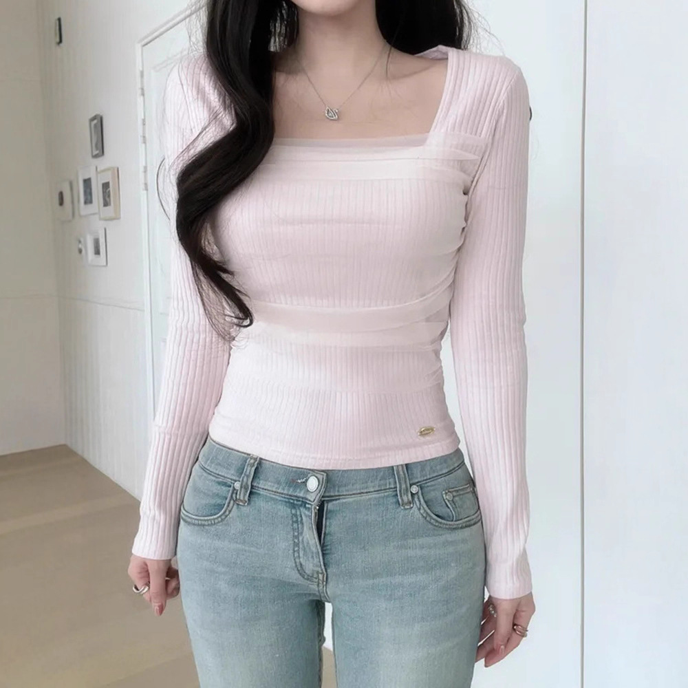 韩货-网纱拼接方领针织衫女秋季纯色薄纱修身显瘦百搭温柔毛衣