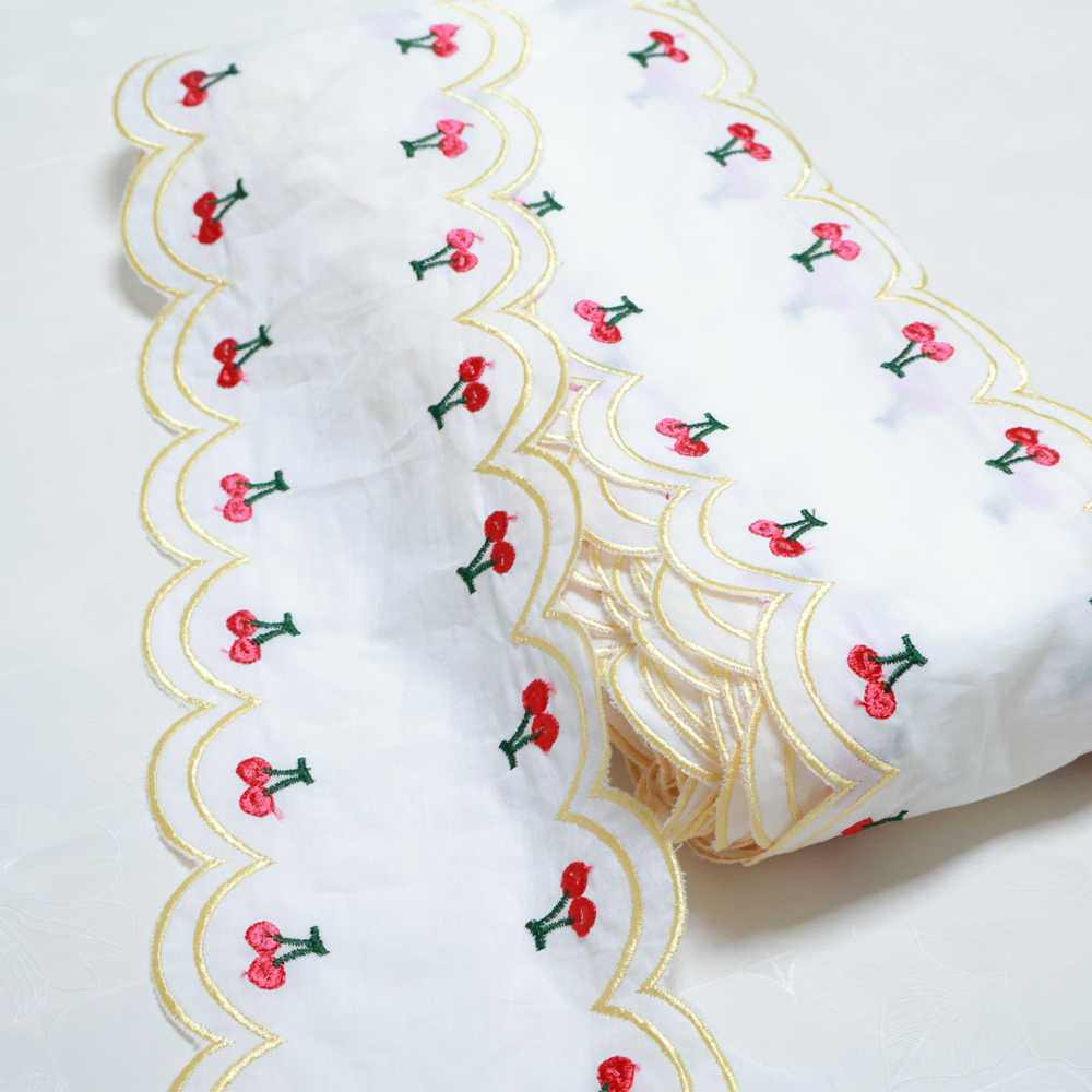 双边金线樱桃刺绣棉布14cm花边辅料发圈手工DIY洛丽塔服装辅料