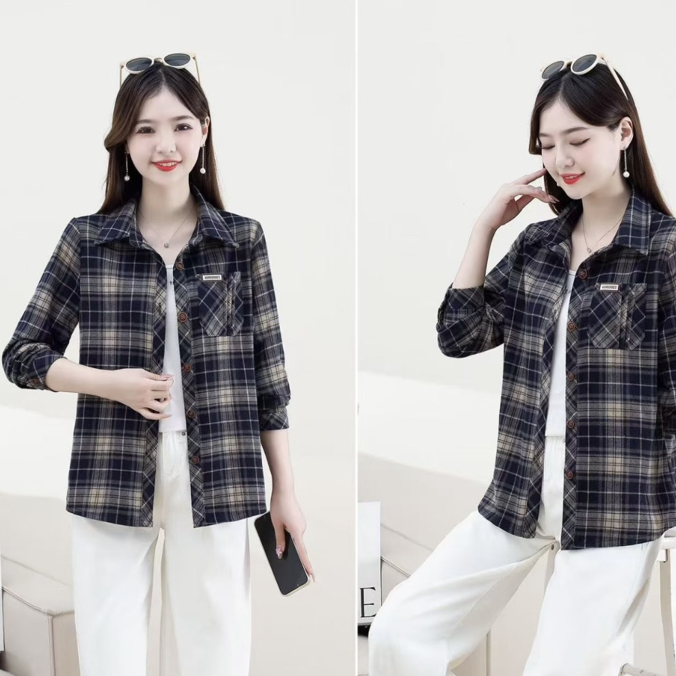 4525-1款秋季新款时尚女士显瘦休闲百搭长袖格子衬衫衣长62