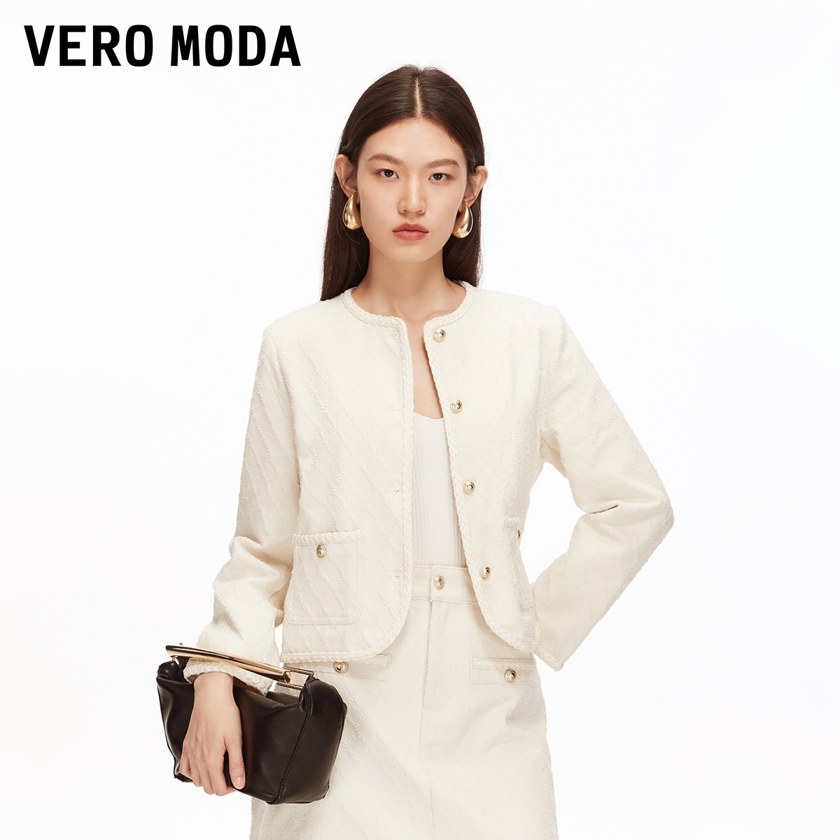 Vero Moda外套25新款纯棉金属色纽扣编织锁边上衣流光风老钱风